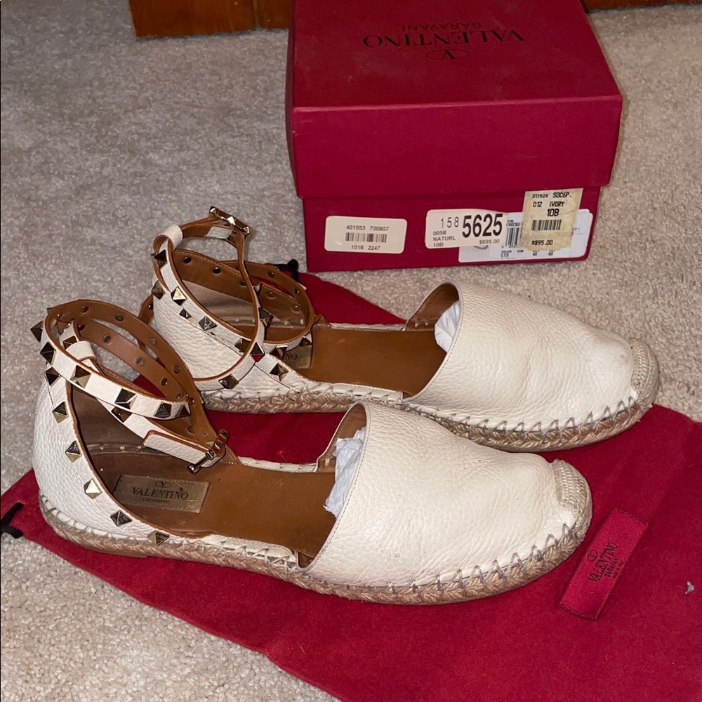Valentino Ivory Espadrille Flats with Ankle Wrap Studded Straps with Box/Dustbag